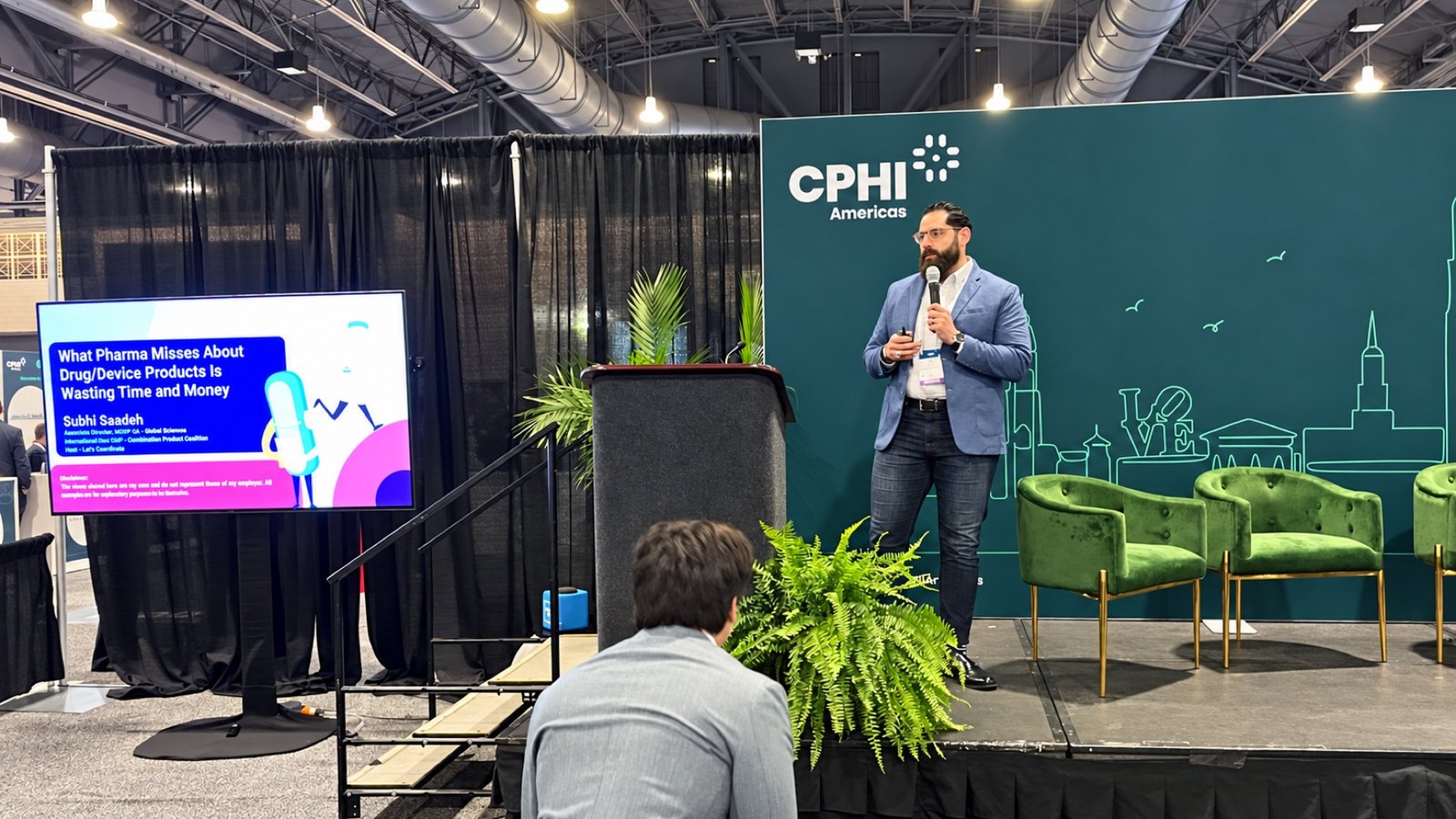 Subhi Saadeh speaking about drug-device combination products at CPHI Americas