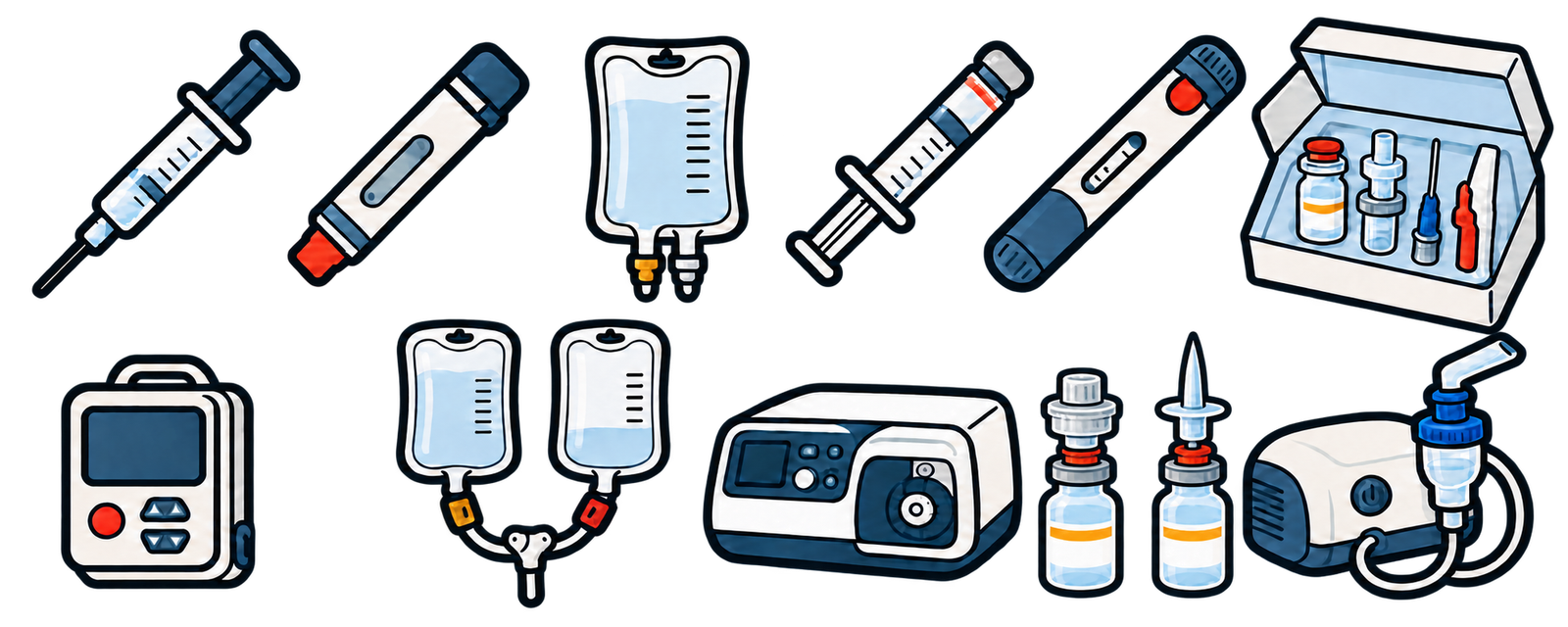 Illustrated prefilled syringe, autoinjector, IV bag, peritoneal dialysis twin-bag system, cartridge syringe, pen injector, infusion pump, dialysis cycler, generic vial transfer and spike adapter configurations, nebulizer, implanted combination product, and combination product kit