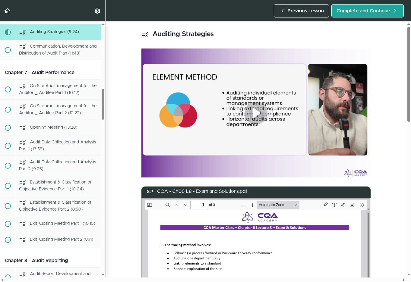 CQA Master Class lesson showing Subhi teaching Auditing Strategies, the course curriculum, and a practice exam.